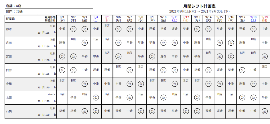 エクセルでシフト作成-月間シフト表の例