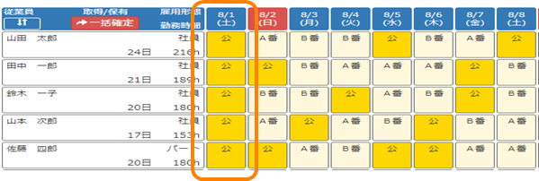 月初公休月間シフトイメージ